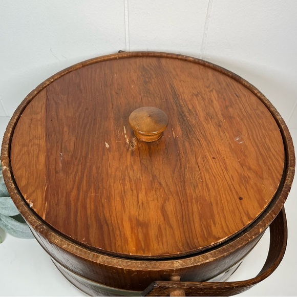 Vintage Large Wooden Firkin Sugar Bucket Lid, Handle Primitive Farmhouse Rustic - Picture 14 of 16